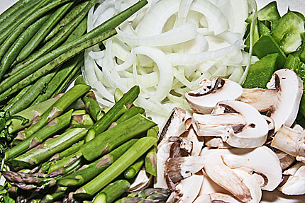 Veggie ingredients prepared for the beef-haricot verte stir fry.