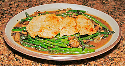 Chicken and mushrooms with spinach tagliatelle.