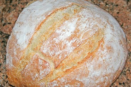 Crusty white bread boule.