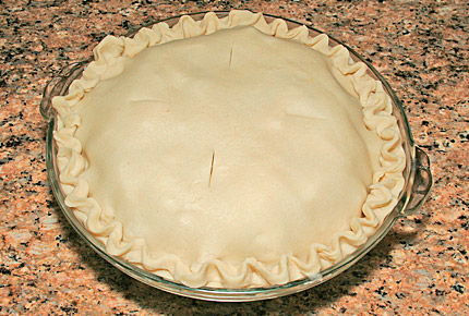 Pasty with top crust in place, ready to bake at 350 degrees for one hour.