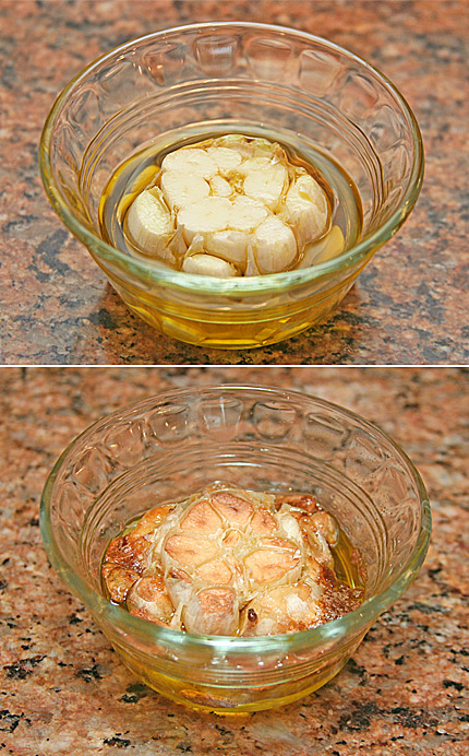 Roasted head of garlic, before (top) and after roasting.